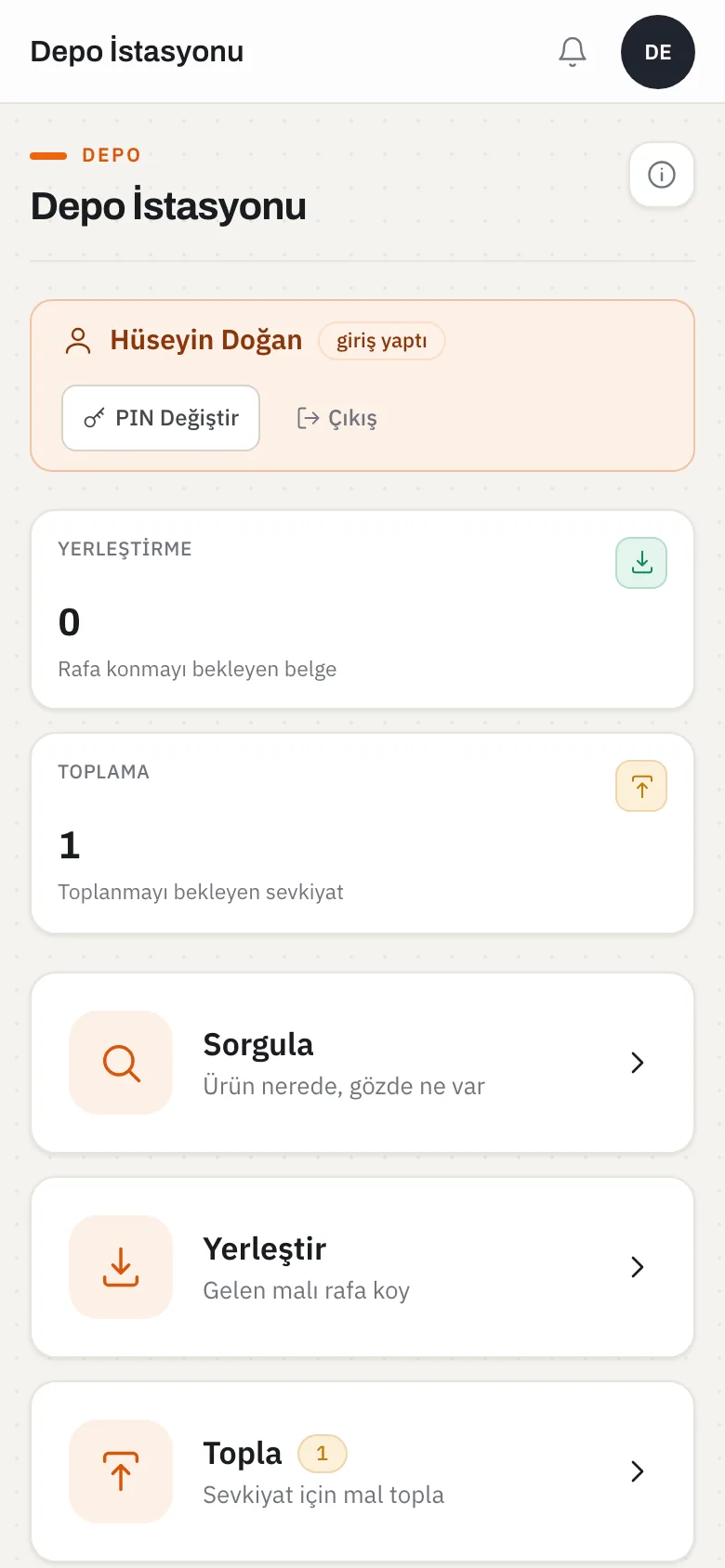 Depo el terminali ekranı